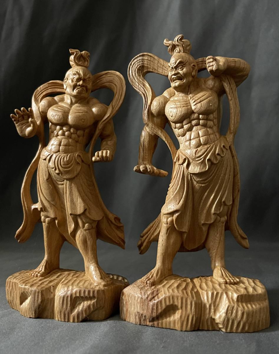 井波彫刻 仏教工芸品 総ケヤキ製 一刀彫 極上彫 木彫仏像 仁王立ち