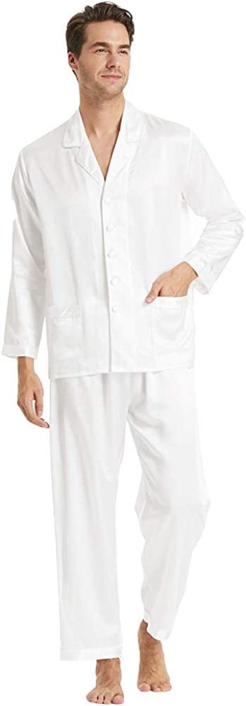 美肌効果 天然繊維 柔らかい19匁 天然シルク100% 上質 サテン メンズ パジャマ ナイトウェア ルームウェア 部屋着 長袖 男性用 ホワイト
