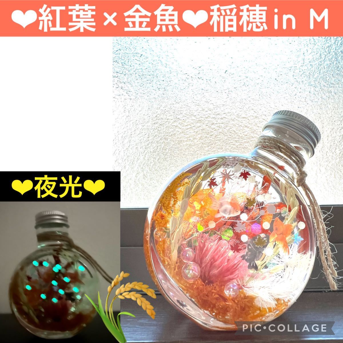 【紅葉×金魚】〜癒しの蓄光アクアリウム〜稲穂inネコ瓶 M
