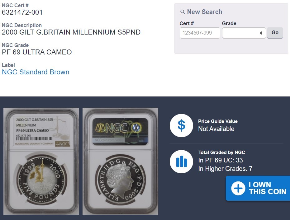 高鑑定』2000年 イギリス 5ポンド銀貨 金メッキ仕様 NGC PF69 ULTRA