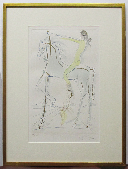 サルバドール・ダリ『馬に乗った女』銅版画、手彩色 ed.180/250. 鉛筆サイン 額付き（箱なし） 額裏にシール Salvador Dali