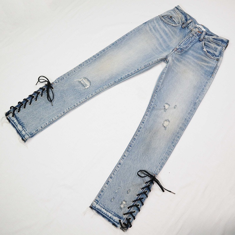 moussy マウジー レースアップデニムパンツ SLIT HEM SLIM STRAIGHT ストレートジーンズ ダメージ加工 カットオフ サイズ24 S相当