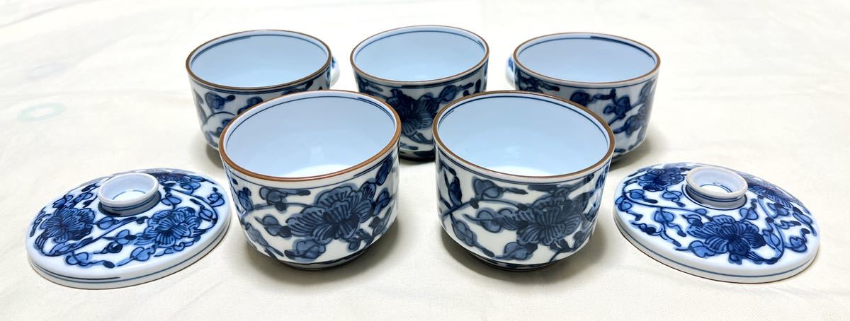 京焼清水焼 京泉窯 染付花柄 茶碗蒸し器 蓋付茶碗 蓋付小鉢5個 京焼清水焼 京泉窯 染付花柄 茶碗蒸し器 蓋付茶碗 蓋付小鉢5個