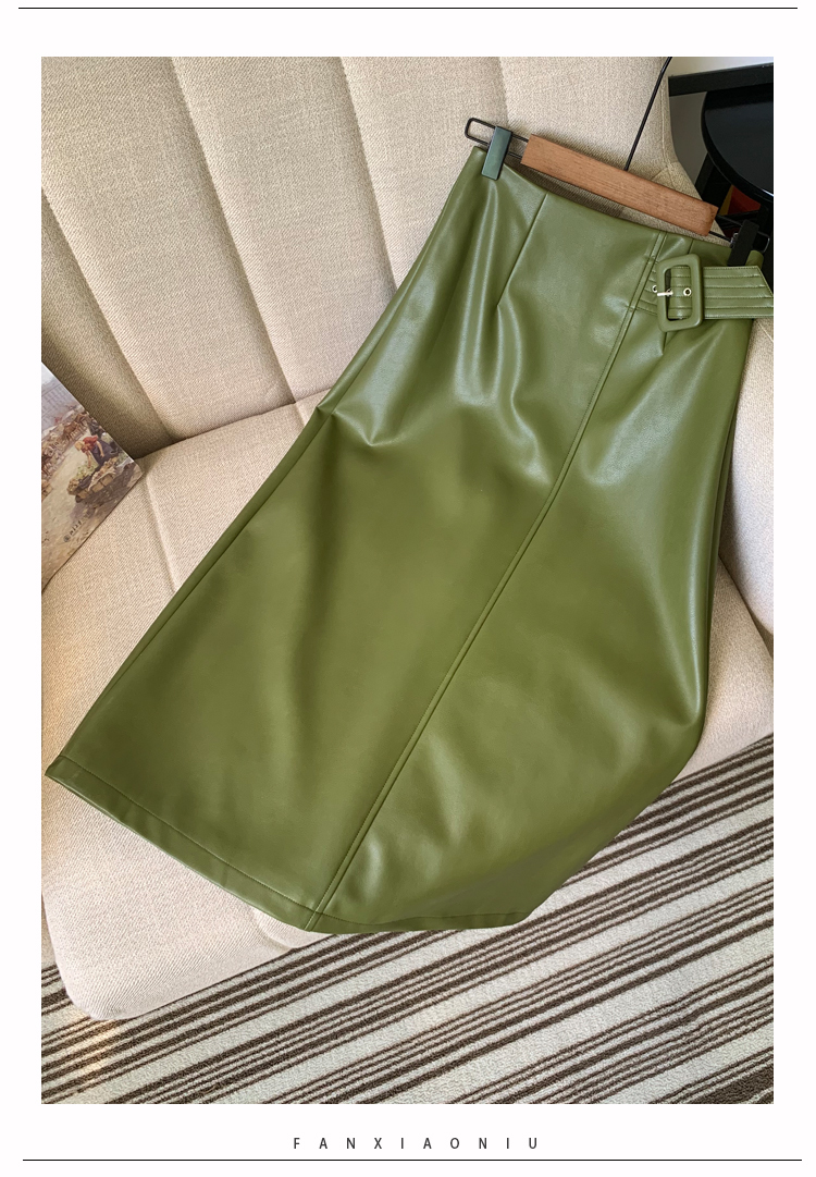 レディースAラインスカートPUレザースカート緑色L