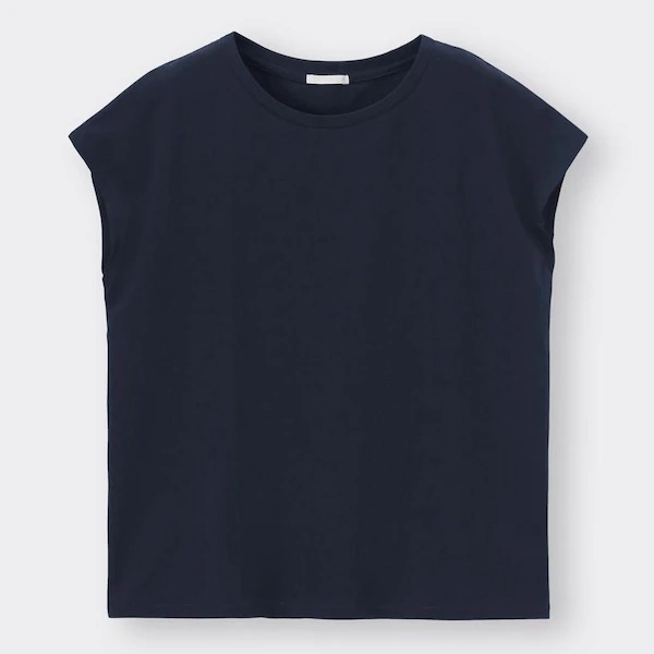 新品タグ付き GU ジーユー マーセライズドT(半袖) キャップスリーブTシャツ 滑らかできれいな質感 綿100% 単品使いもインナーも ネイビー M_画像1