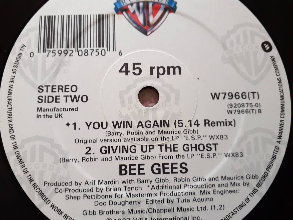 BEE GEES　ビー・ジーズ　Crazy For Your Love / You Win Again (5.14 Remix)　 UK盤 12” シングル レコード _画像5