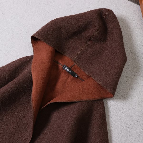 ｃ209コート表ウール100％ 裏フリース100％ ショットアウター 羽織物フード 茶色系 Mサイズ 柔らかい暖かい 気密性良い アウター_画像2