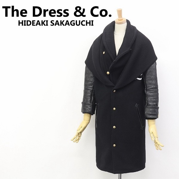 ◆The Dress&Co. HIDEAKI SAKAGUCHI ドレス&コー ヒデアキ サカグチ 袖レザー ショールカラー ロング スタジャン コート 黒 ブラック 38のサムネイル