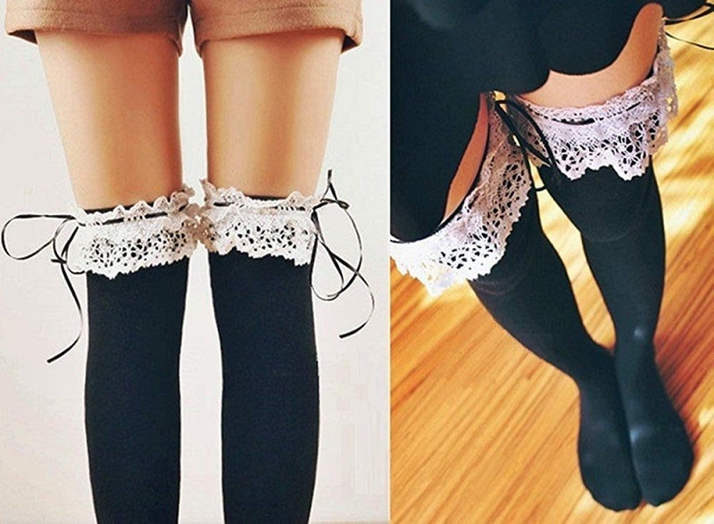  over knee socks pretty Gothic and Lolita knee-high ( black / race white ) ribbon frill knee-high socks 