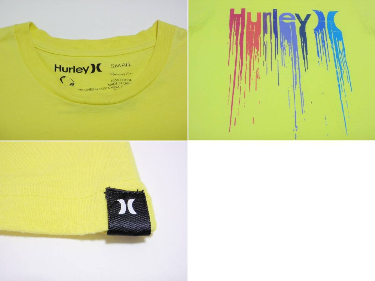 送料込・USED ハーレー Hurley 垂れインク風ロゴ プリント半袖Tシャツ 黄 Sサイズ_画像2