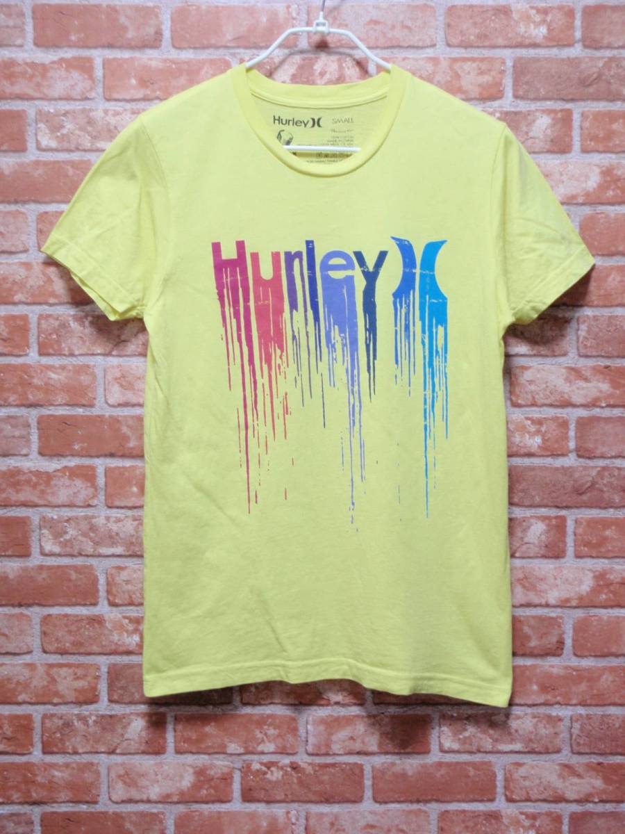 送料込・USED ハーレー Hurley 垂れインク風ロゴ プリント半袖Tシャツ 黄 Sサイズ_画像1