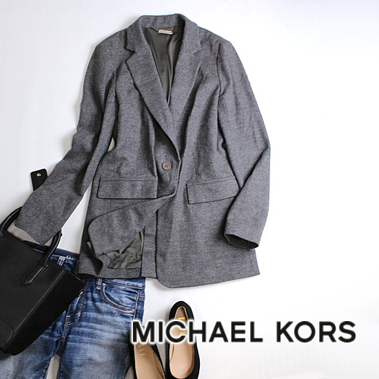 美品 マイケルコース Michael Kors ■ 冬 暖か 定番 毛100% 綺麗ライン ストレッチ 長袖 ロングウールジャケット 4 S M グレー スーツ_画像1