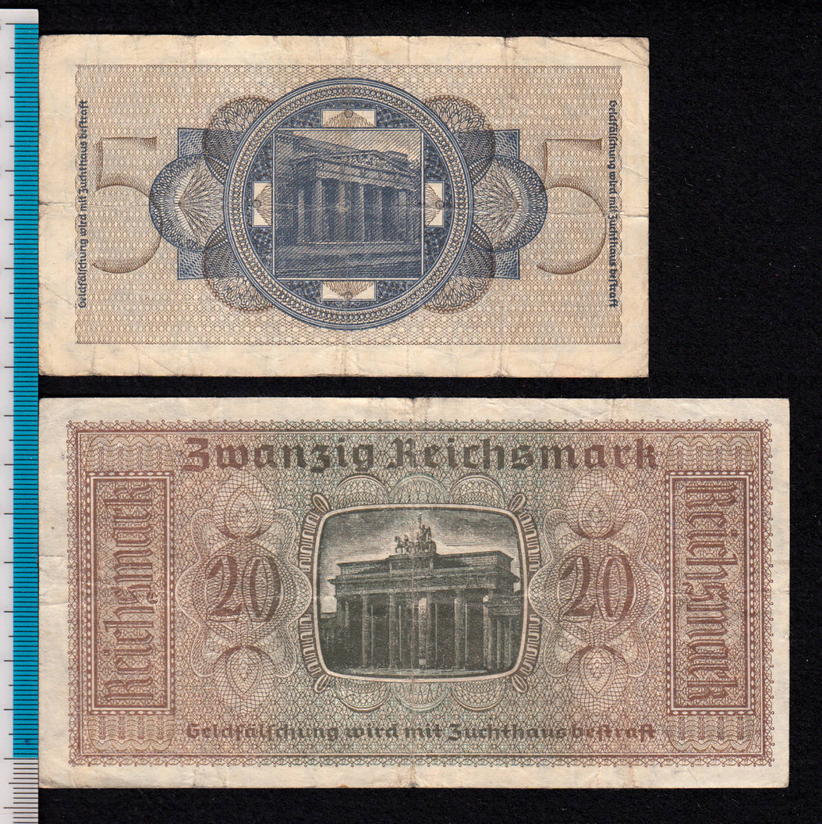 Pick#R138a,139【ナチス鉤十字】第二次大戦ドイツ占領地域紙幣 5,20ライヒスマルク（1940-45）[1329]_画像2