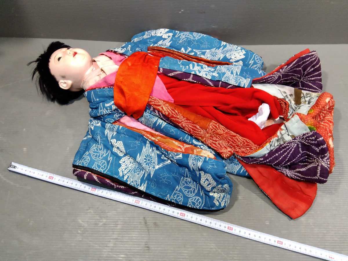 ②時代 古い 日本人形 市松人形 大正 昭和 レトロ 当時物 着物 縮緬 