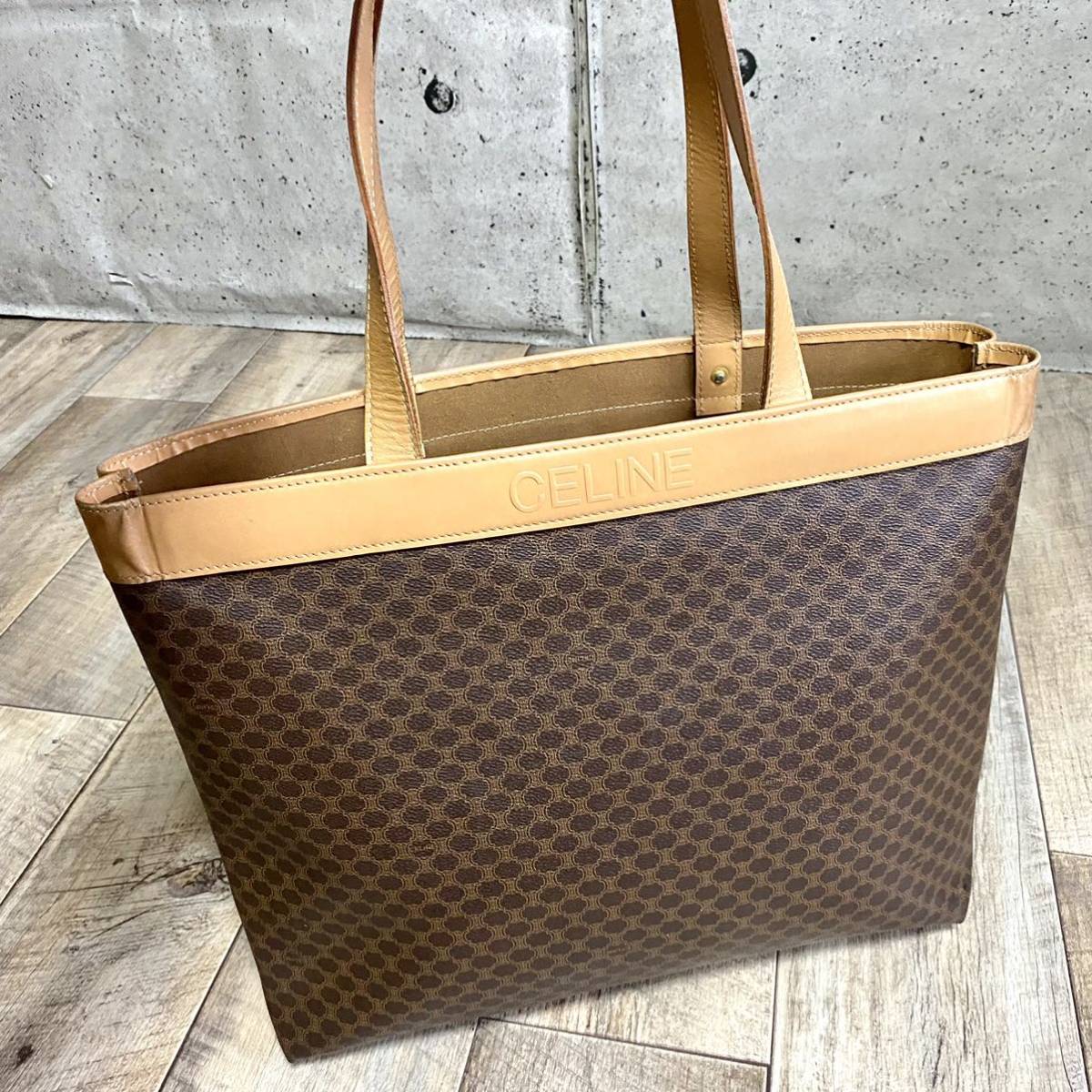 本物 CELINE セリーヌ マカダム柄 レザー トートバッグ ハンドバッグ