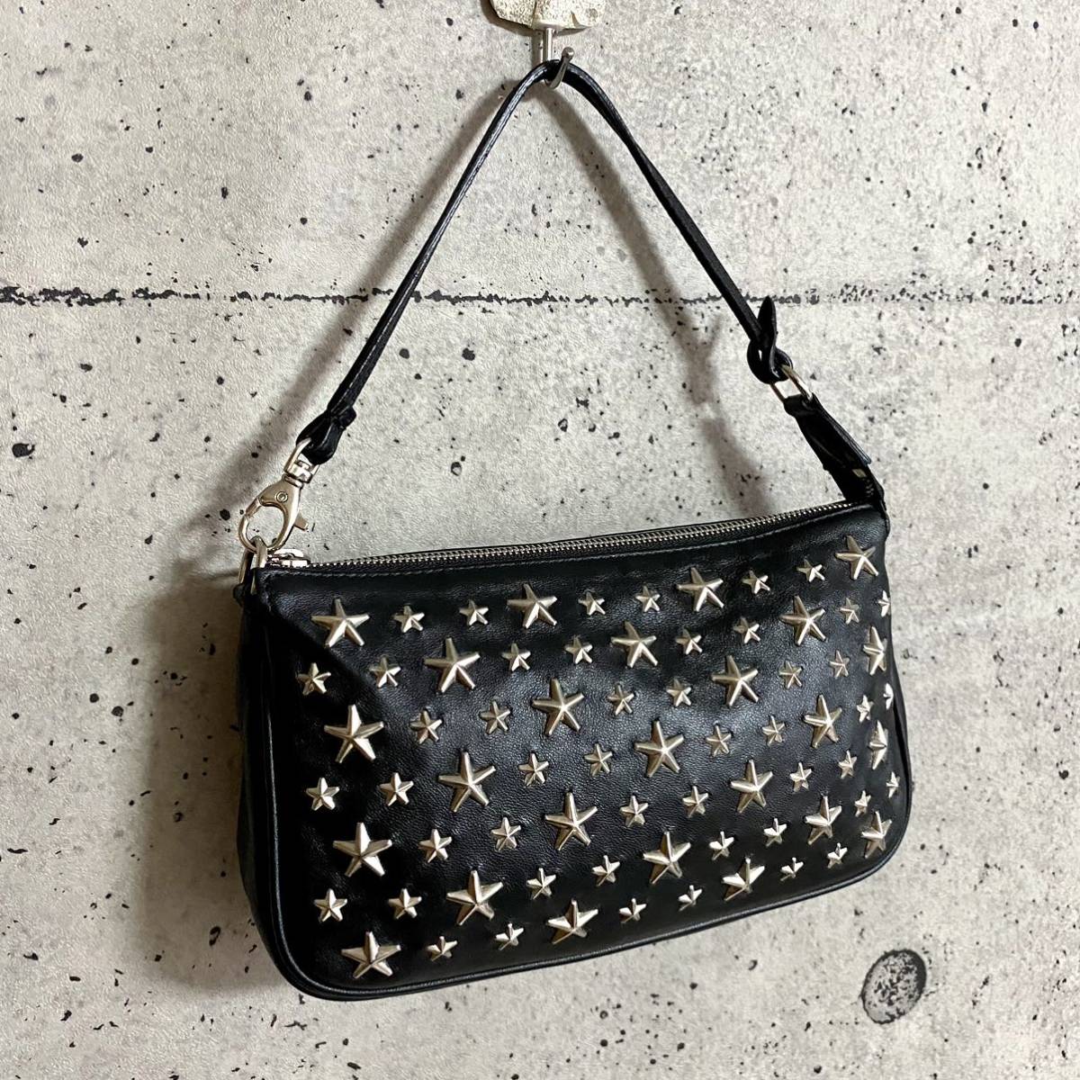 美品 JIMMY CHOO ジミーチュウ スタースタッズ ミニ ハンドバッグ レザー 黒 ワンショルダー ミニトート バッグ クラッチバッグ レディース