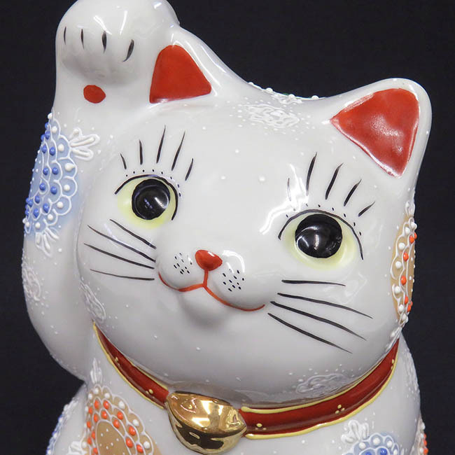 即決】送料無料!開運 九谷焼 右手 招き猫 白盛 陶器 風水 置物 縁起物