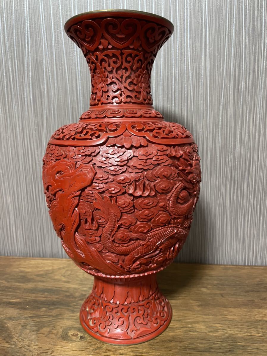 外箱不良宅配便送料無料 中国 堆朱 七宝 壺 花瓶 台座付 1対 共箱