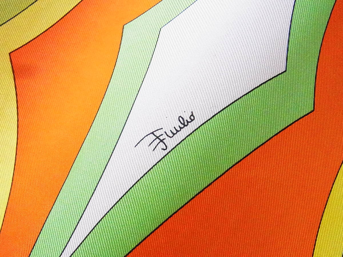TS 綺麗 イタリア製 Emilio Pucci エミリオプッチ プッチ柄 シルク スカーフ 大判 正方形 ストール オレンジ系 小物