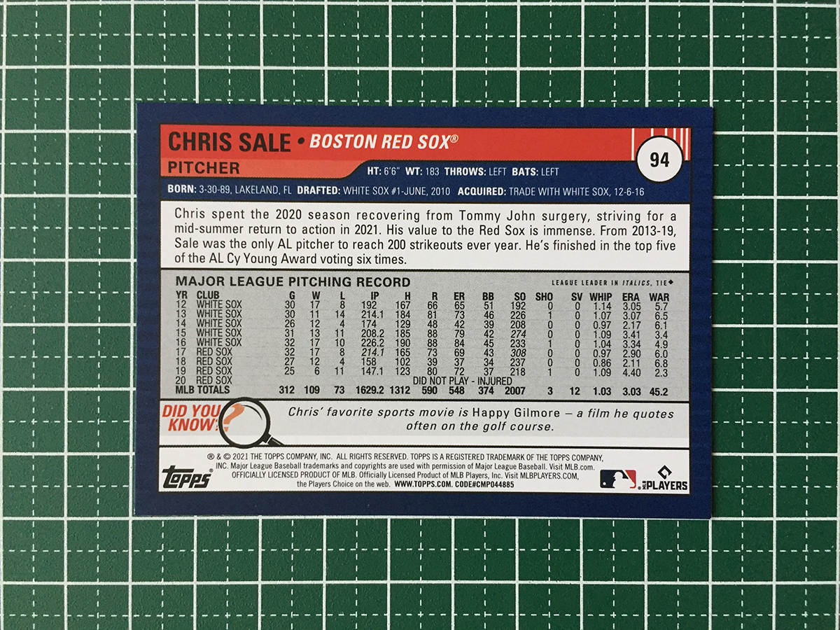 ★TOPPS MLB 2021 BIG LEAGUE #94 CHRIS SALE［BOSTON RED SOX］ベースカード「VETERANS & ROOKIES」★_画像2