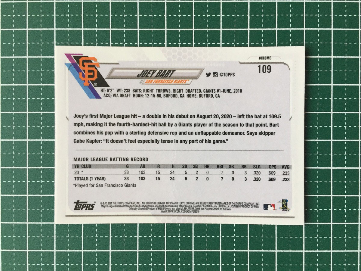 ★MLB 2021 TOPPS CHROME #109 JOEY BART［SAN FRANCISCO GIANTS］ベースカード「BASE」ルーキー RC★_画像2