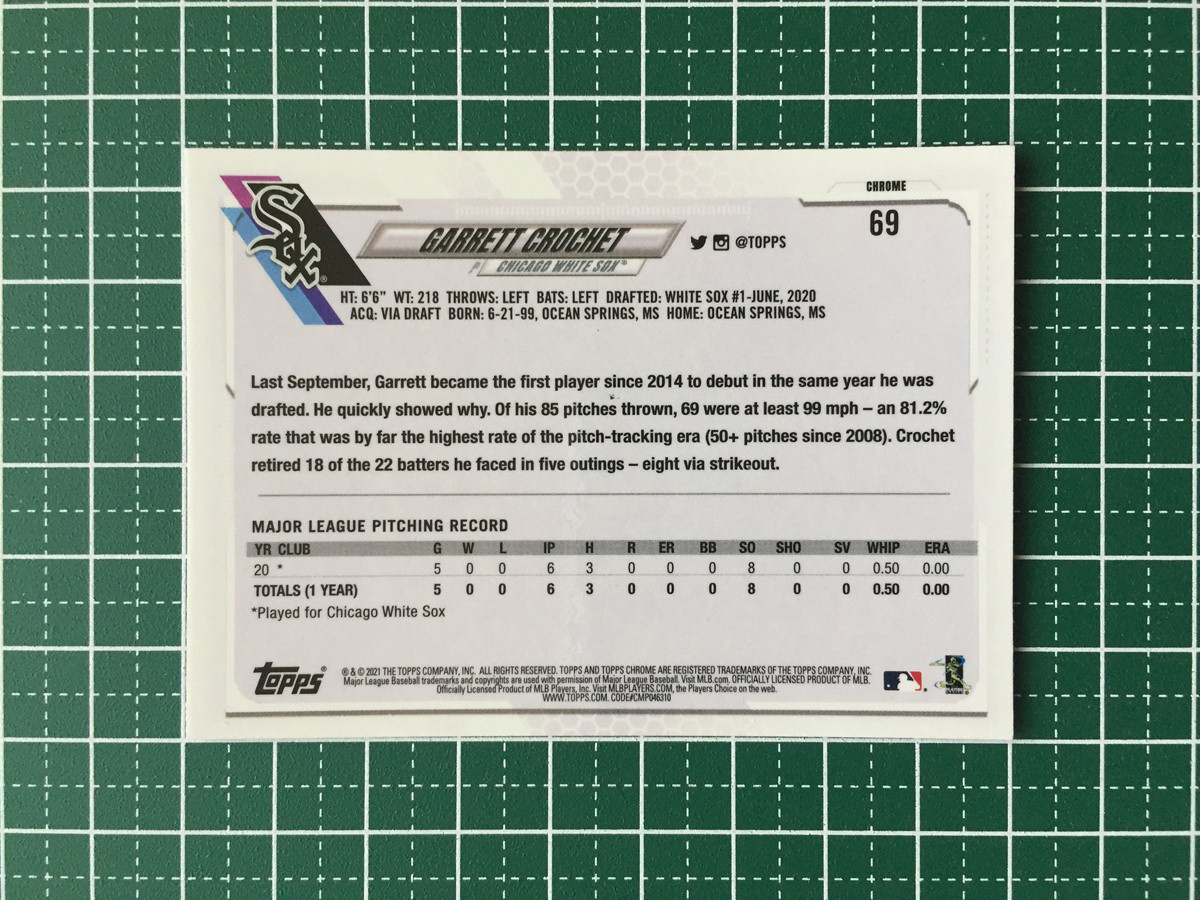 ★MLB 2021 TOPPS CHROME #69 GARRETT CROCHET［CHICAGO WHITE SOX］ベースカード「BASE」ルーキー RC★_画像2