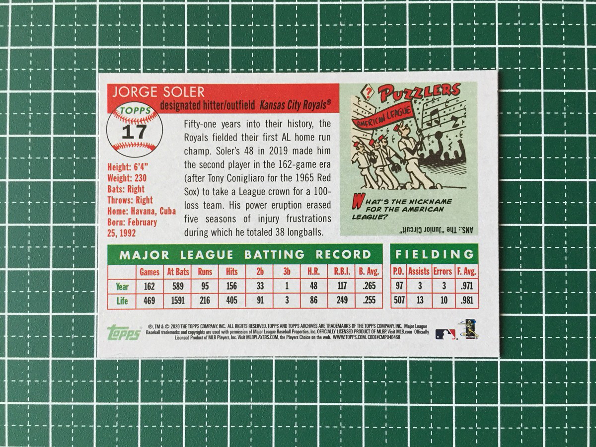 ★TOPPS MLB 2020 ARCHIVES #17 JORGE SOLER［KANSAS CITY ROYALS］ベースカード「1955 TOPPS」20★_画像2