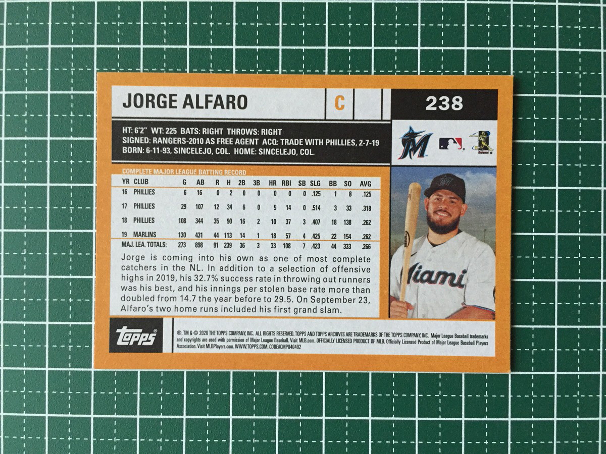 ★TOPPS MLB 2020 ARCHIVES #238 JORGE ALFARO［MIAMI MARLINS］ベースカード「2002 TOPPS」★_画像2