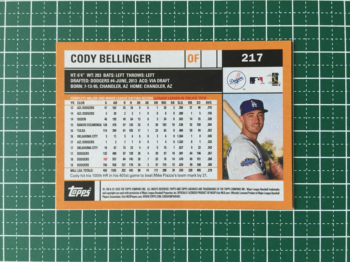 ★TOPPS MLB 2020 ARCHIVES #217 CODY BELLINGER［LOS ANGELES DODGERS］ベースカード「2002 TOPPS」20★_画像2