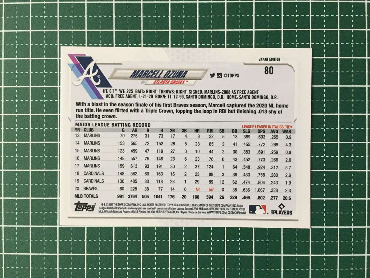 ★TOPPS MLB 2021 JAPAN EDITION #80 MARCELL OZUNA［ATLANTA BRAVES］ベースカード「BASE」★_画像2