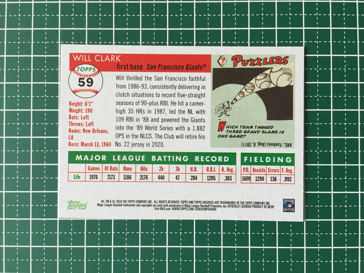 ★TOPPS MLB 2020 ARCHIVES #59 WILL CLARK［SAN FRANCISCO GIANTS］ベースカード「1955 TOPPS」20★_画像2