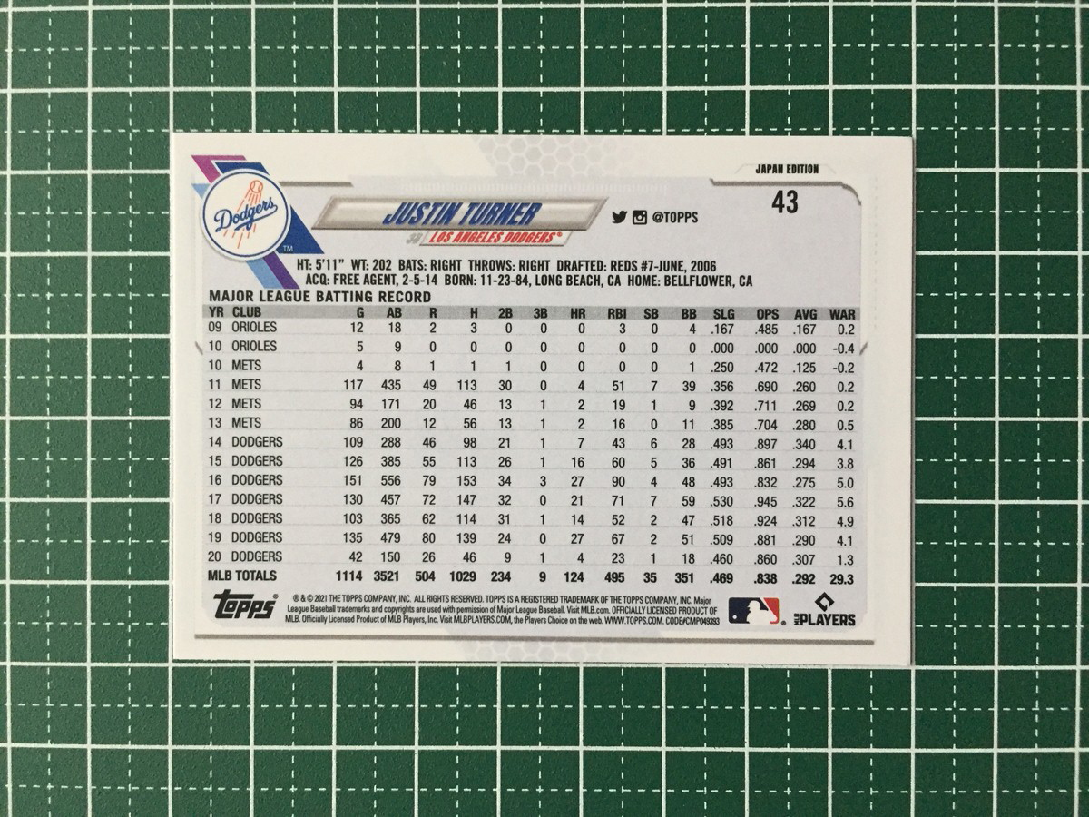 ★TOPPS MLB 2021 JAPAN EDITION #43 JUSTIN TURNER［LOS ANGELES DODGERS］ベースカード「BASE」★_画像2