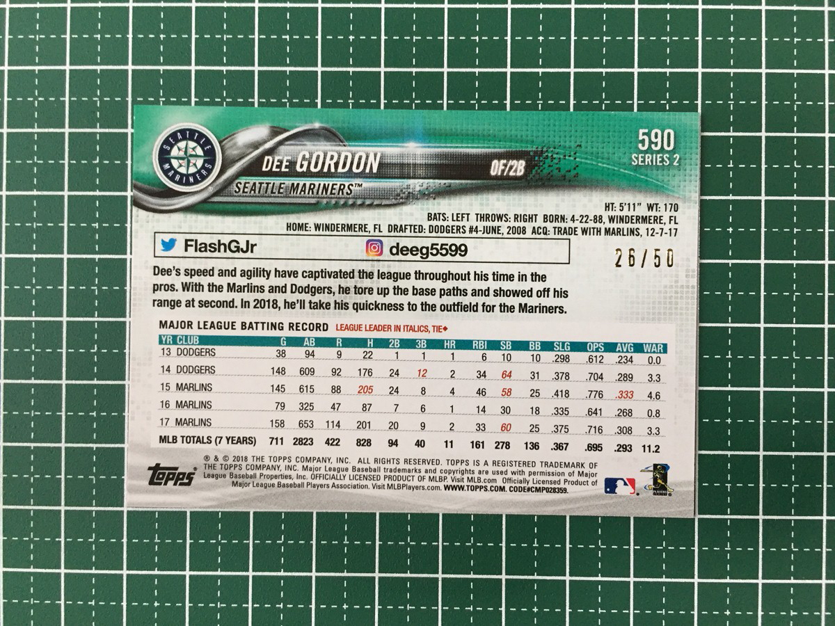 ★TOPPS MLB 2018 SERIES 2 #590 DEE GORDON［SEATTLE MARINERS］ベースカード 50枚限定 MOTHER'S DAY PINK パラレル版 18★_画像2