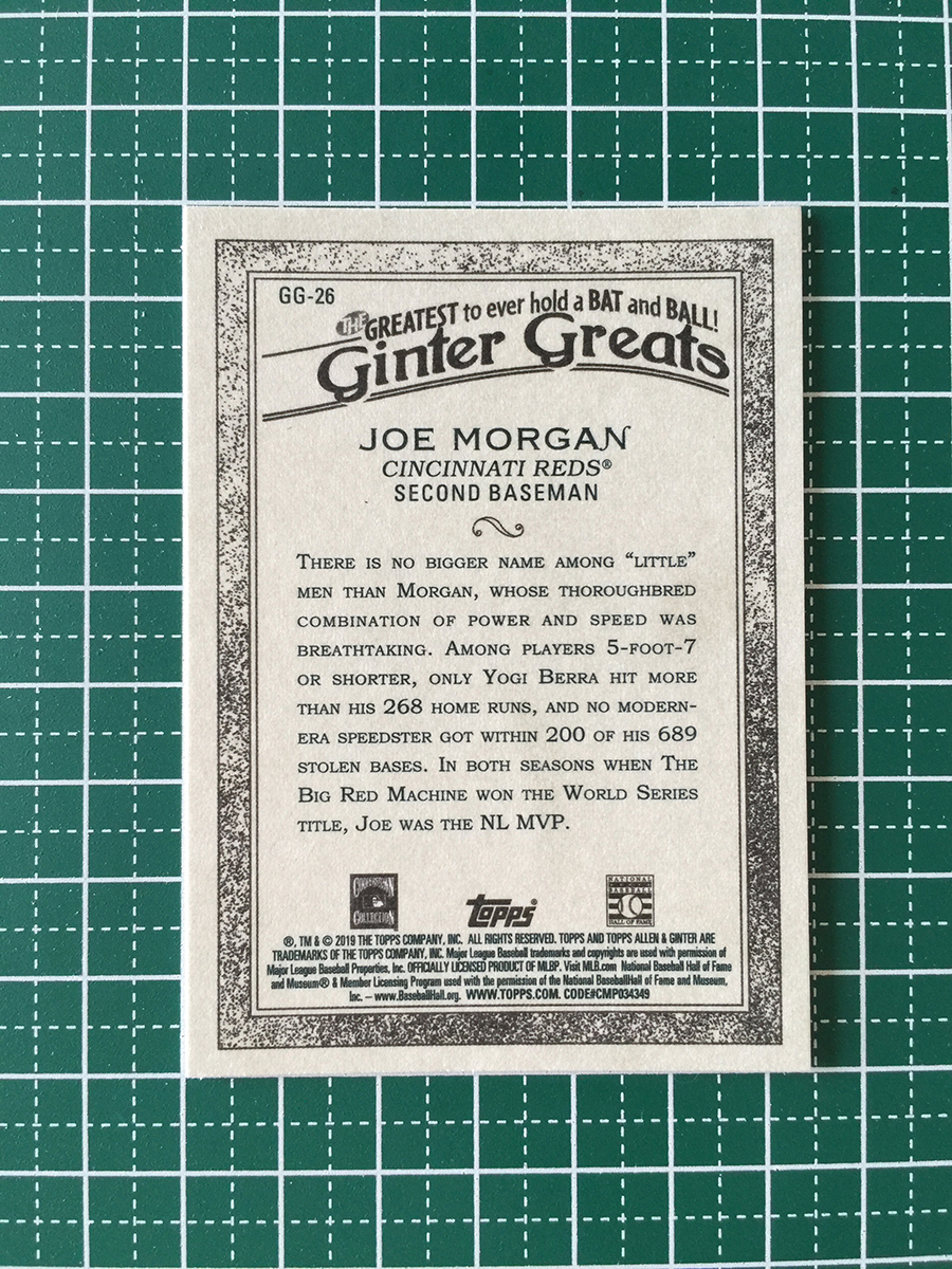 ★TOPPS MLB 2019 ALLEN & GINTER #GG-26 JOE MORGAN［CINCINNATI REDS］インサートカード「GINTER GREATS」★_画像2