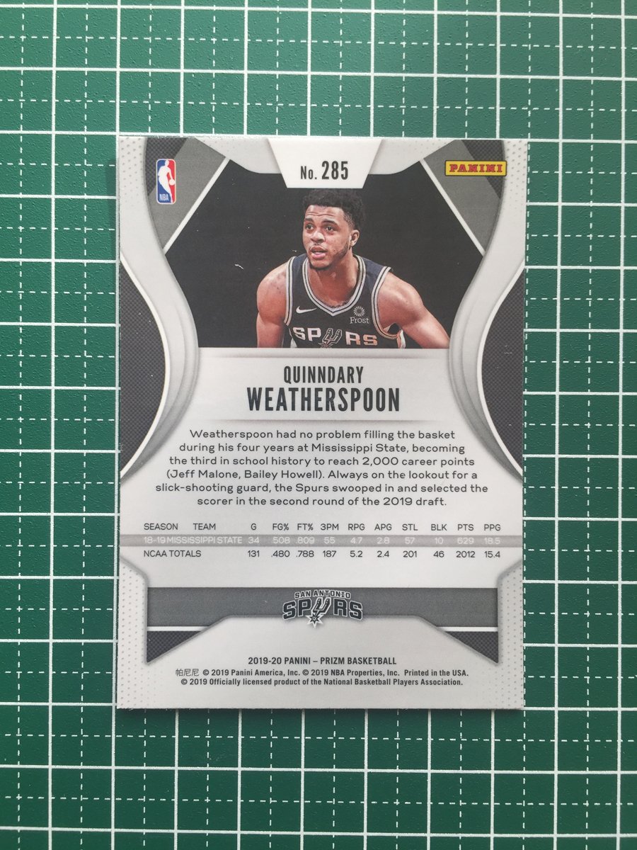 ★PANINI NBA 2019-20 PRIZM #285 QUINNDARY WEATHERSPOON［SAN ANTONIO SPURS］ベースカード ルーキー RC 2020★_画像2