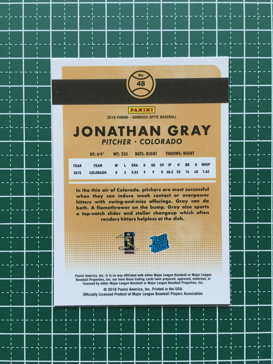 ★PANINI MLB 2016 DONRUSS OPTIC #48 JONATHAN GRAY［COLORADO ROCKIES］「RATED ROOKIES」HOLO パラレル版 ルーキー RC★_画像2