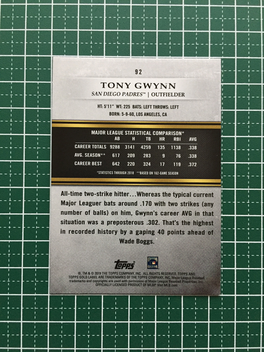★TOPPS MLB 2019 GOLD LABEL #92 TONY GWYNN［SAN DIEGO PADRES］ベースカード「CLASS 1」★_画像2