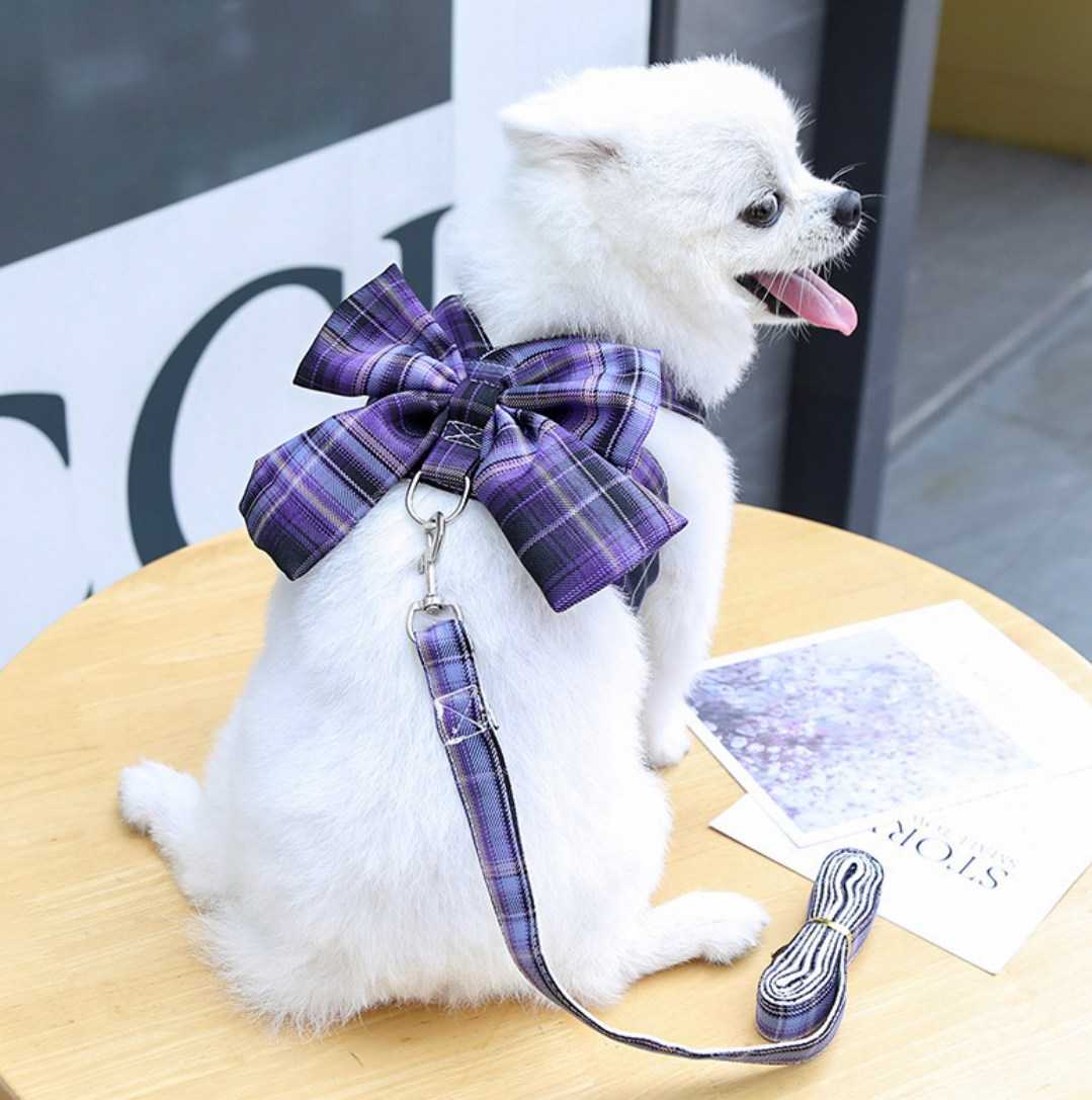 ペット ドレスハーネス リボン 紫 XS リード チェック柄 犬用 散歩 服