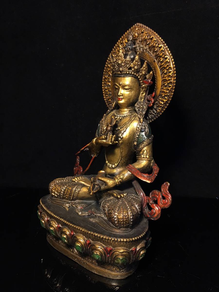 古美術 骨董品 仏教美術 仏像 置物 銅製 ◇蔵出◇古美術 中国古玩 明時代 古銅製 銅塗金 嵌多寶 彩絵四面