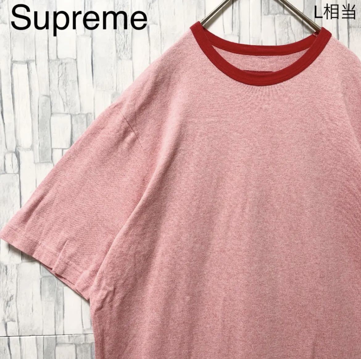 Supreme シュプリーム 半袖 リンガー ネック Tシャツ シンプルロゴ ワンポイントロゴ サイズM サーモンピンク 送料無料