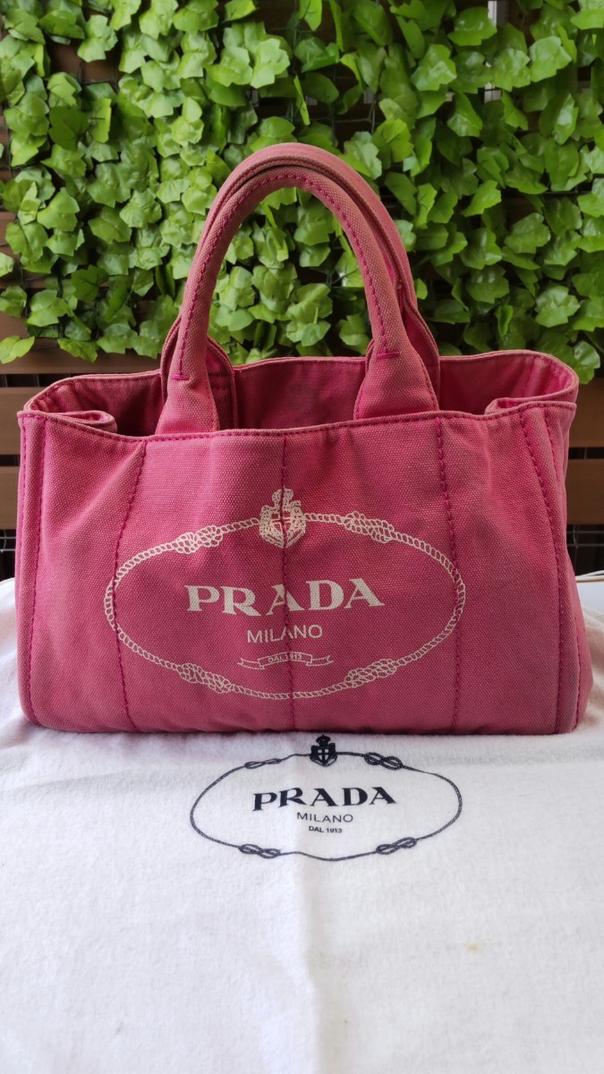 プラダ/ PRADA カナパ Mサイズ /トートバッグ ハンドバッグ /ピンク チェリー色 /ゴールド三角ロゴ キャンバス 白タグ