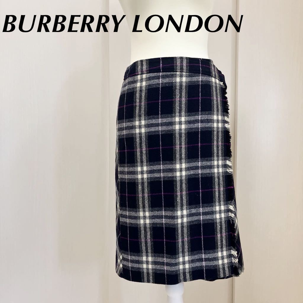 BURBERRY LONDON バーバリーロンドン　巻きスカート チェック柄 ラップスカート　ひざ丈　フリンジ　ウール　カシミヤ混　サイズ38 M
