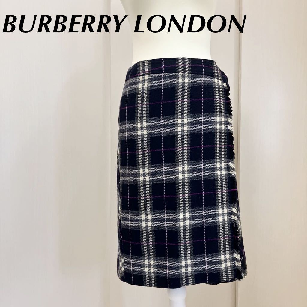 BURBERRY LONDON バーバリーロンドン　巻きスカート チェック柄 ラップスカート　ひざ丈　フリンジ　ウール　カシミヤ混　サイズ38 M_画像1