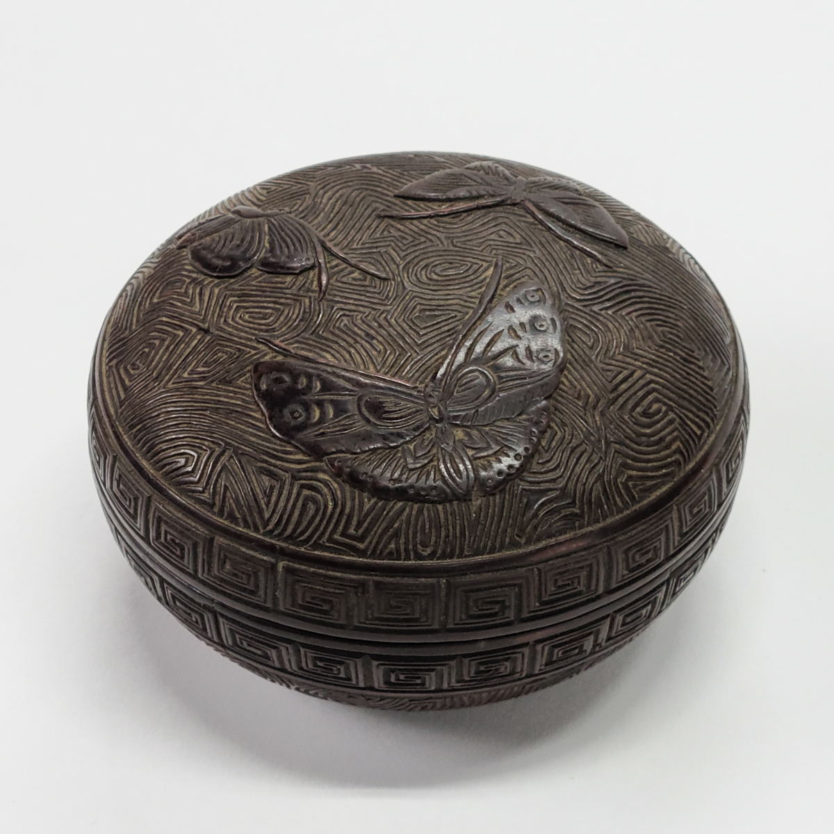 洛座】中国唐物の漆器清時代香合蝶紋蓋物盒子< 茶道具◇08-03