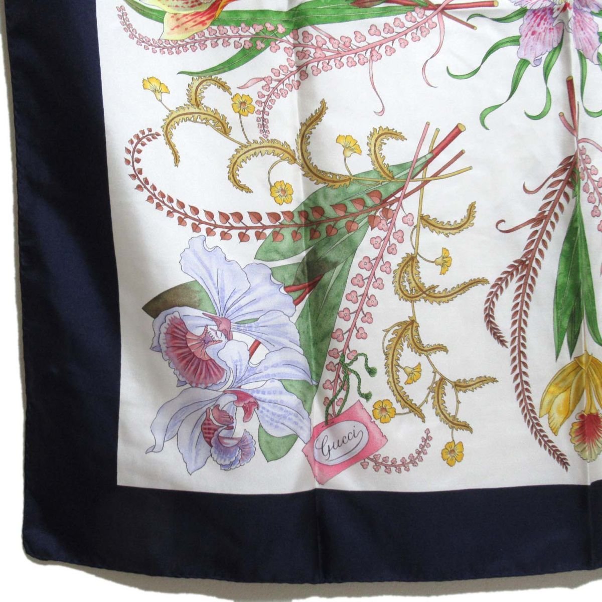 クリーニング済 美品 ヴィンテージ GUCCI オールドグッチ フローラ 花柄 シルク 大判スカーフ ネイビー×ホワイト C0803