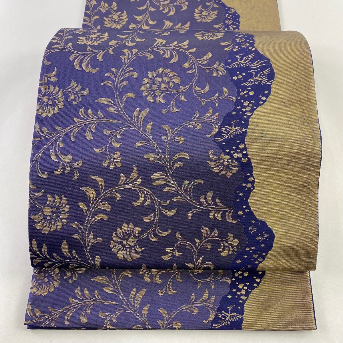 競ナビ】袋帯 美品 秀品 落款 澤屋重兵衛 花唐草 鳥 箔 紫 六通 正絹