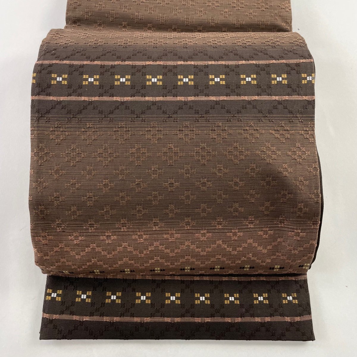 競ナビ】袋帯 美品 名品 横段 幾何学模様 段ぼかし 茶色 全通 正絹