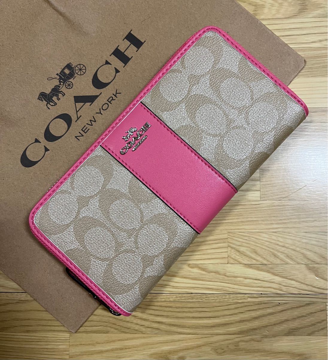 COACH コーチ レディース シグネチャー 長財布 ライトカーキ×ピンク F54630 新品未使用品 フォローで付属品プレゼント