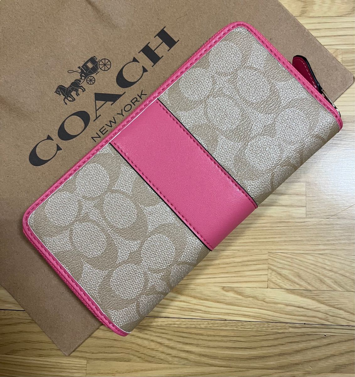 COACH コーチ レディース シグネチャー 長財布 ライトカーキ×ピンク F54630 新品未使用品 フォローで付属品プレゼント