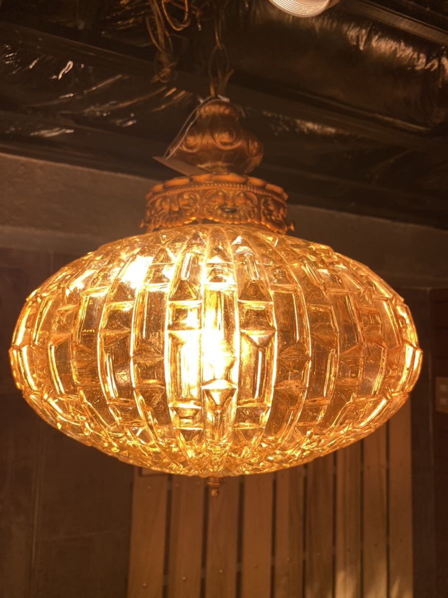 アメリカ ビンテージ 1990年代 アンティーク照明 ガラス オレンジ ライト 洋風 シャンパンゴールド 楕円型 ランプ ガラス 重厚感